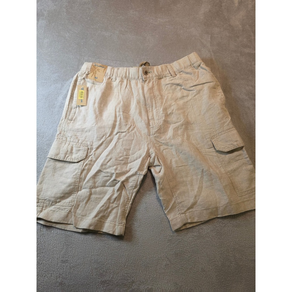 Caribbean Cargo Shorts Mens 40 Beige 100% Linen Elastic Waist Casual Tropical